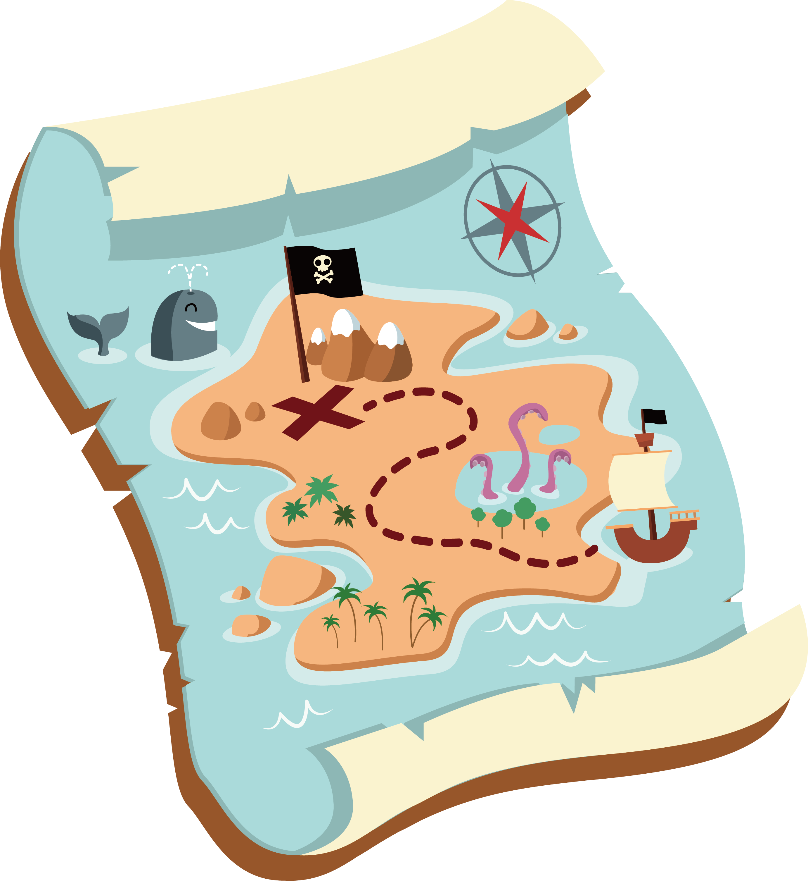 A Cartoon Treasure Map With A Pirate Ship And A Whale