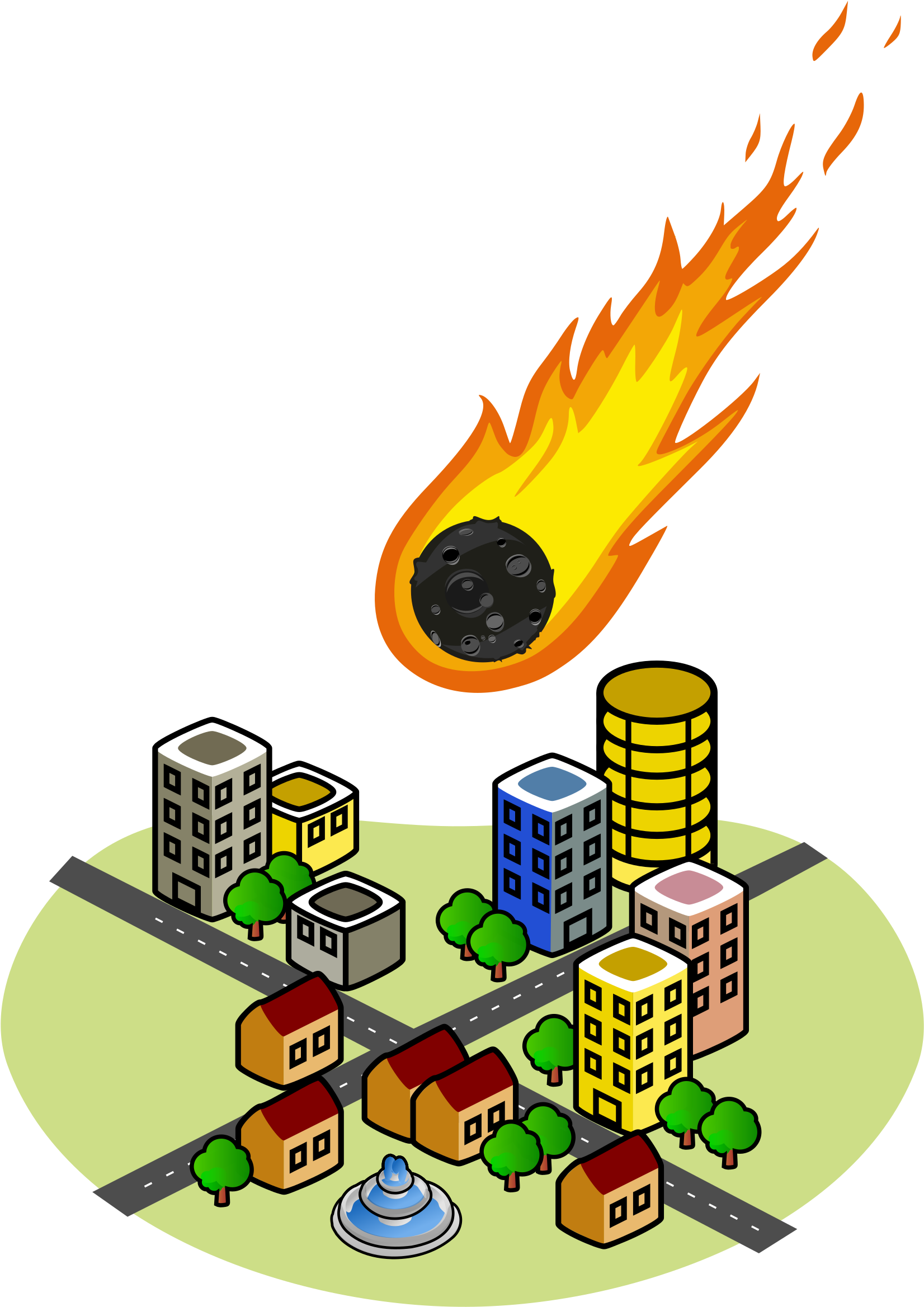 A Cartoon Of A Meteor Falling From A City