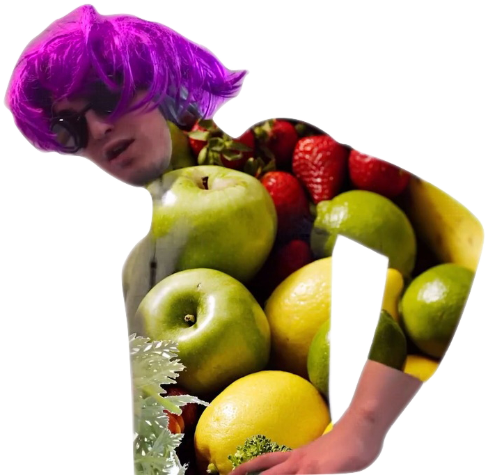 A Man With Purple Hair And Fruit
