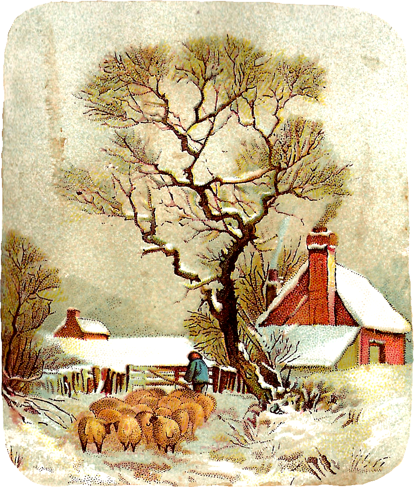 A Painting Of A Sheep Herding In A Snowy Landscape