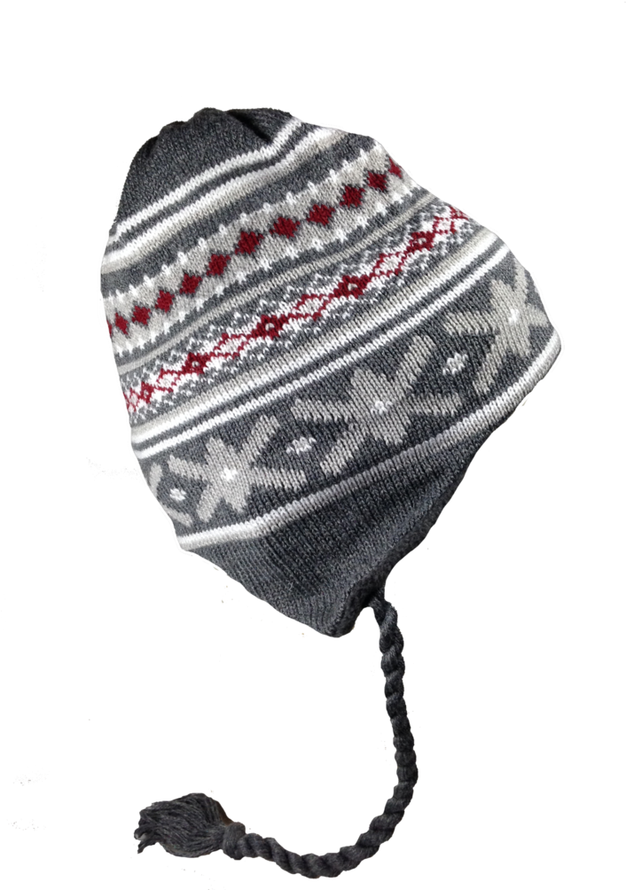 A Grey And White Knit Cap With Red And White Patterns