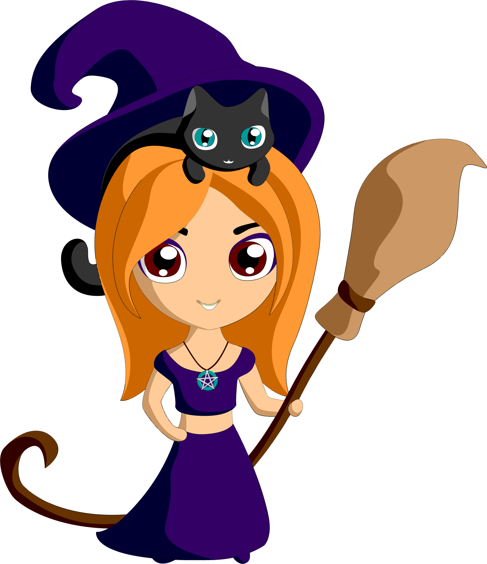 A Cartoon Of A Person Holding A Broom And A Cat On Her Head