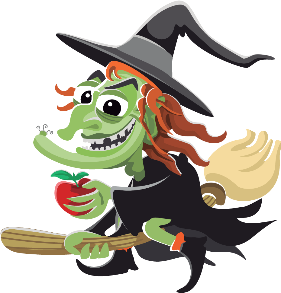 A Cartoon Of A Person Holding An Apple On A Broomstick