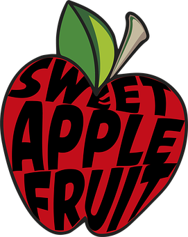 A Red Apple With Green Leaves And Text