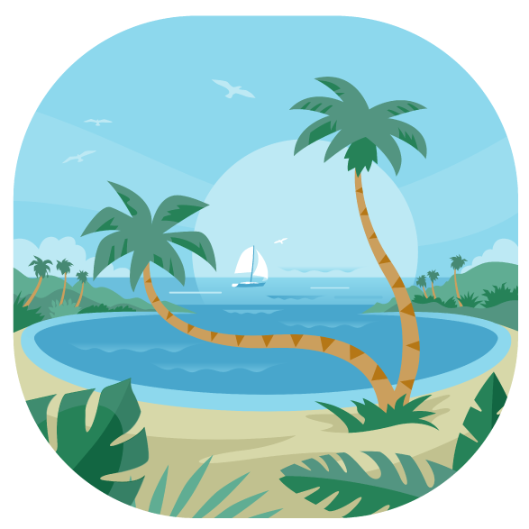 A Beach With Palm Trees And A Sailboat
