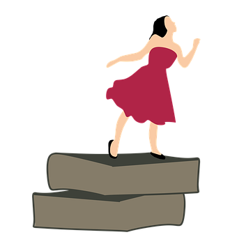A Woman In A Dress Walking On A Stack Of Books