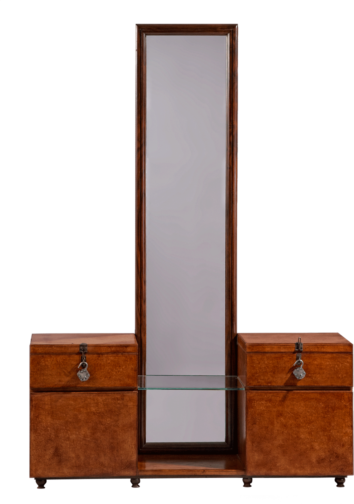 A Mirror With Drawers And A Shelf