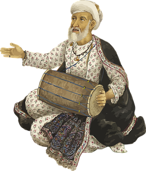 A Man In A White Robe And Turban Playing A Drum