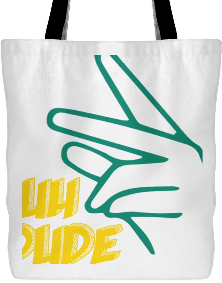 A White Bag With A Green Hand And Yellow Text