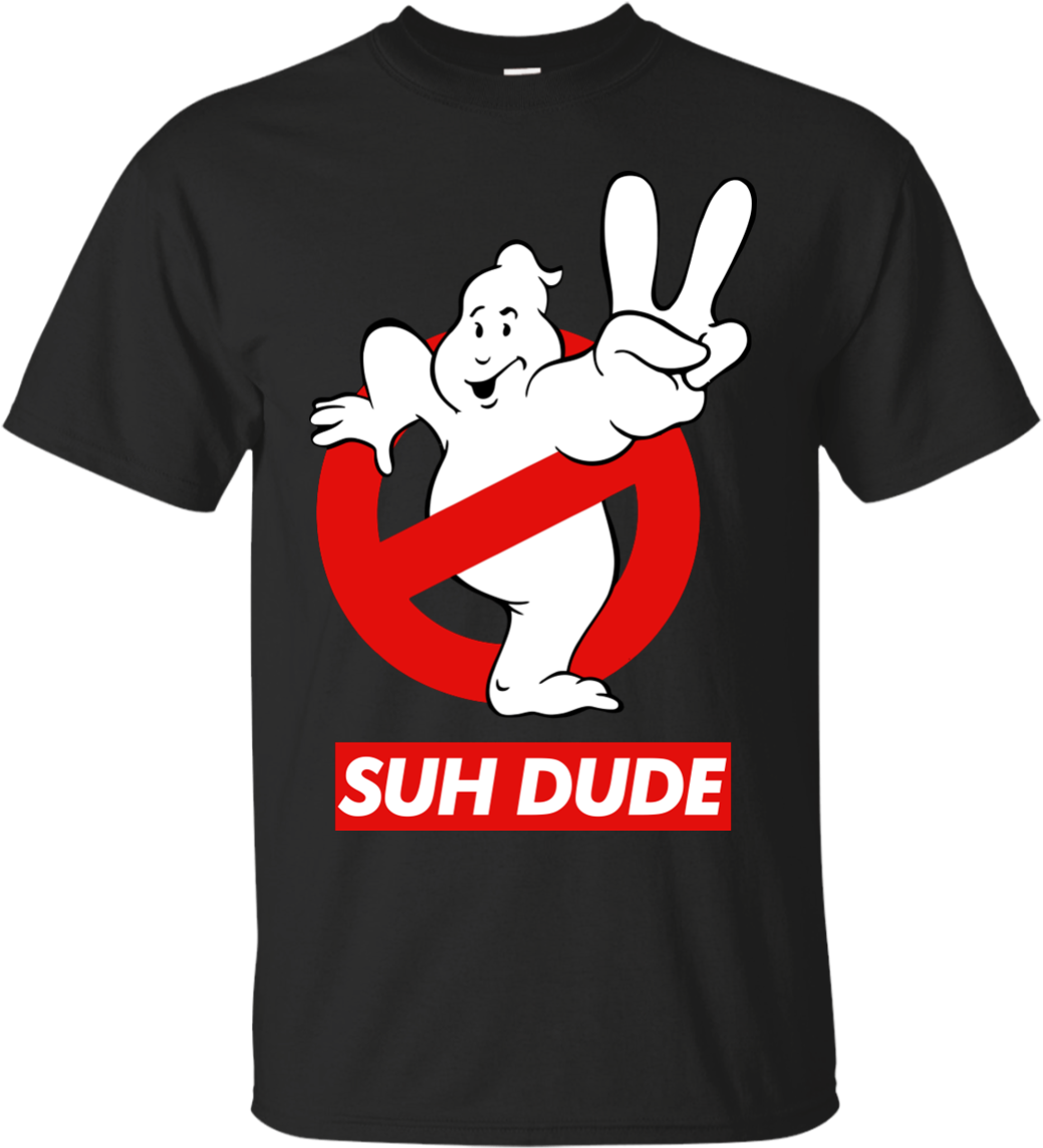 A Black T-shirt With A White Ghost And Red Text