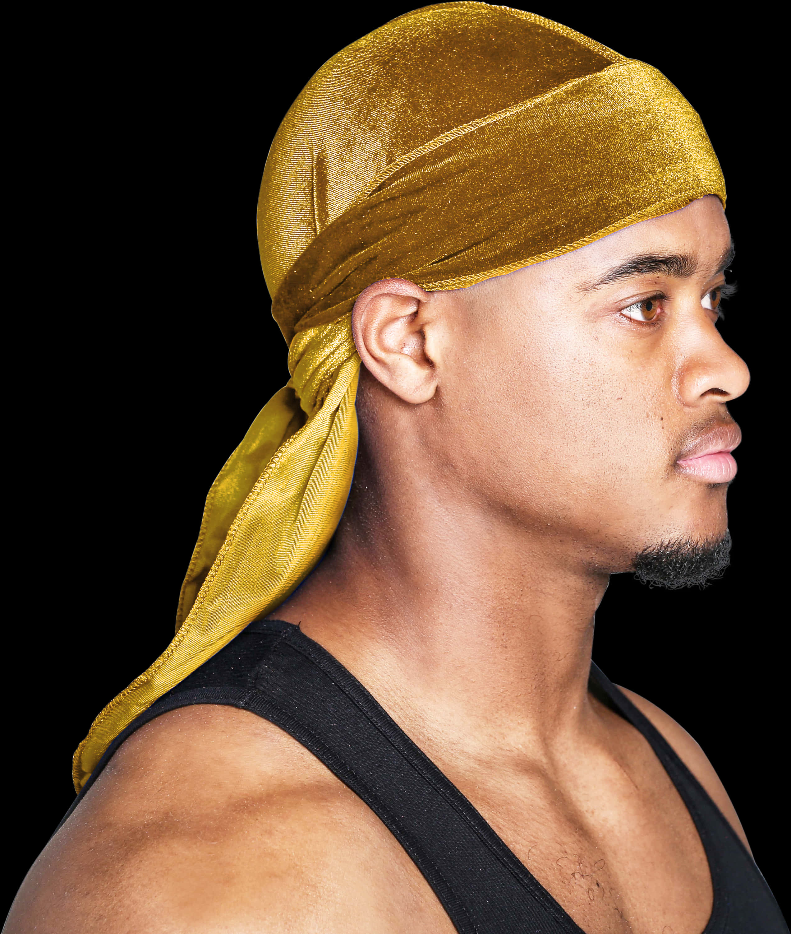 A Man Wearing A Yellow Scarf On His Head