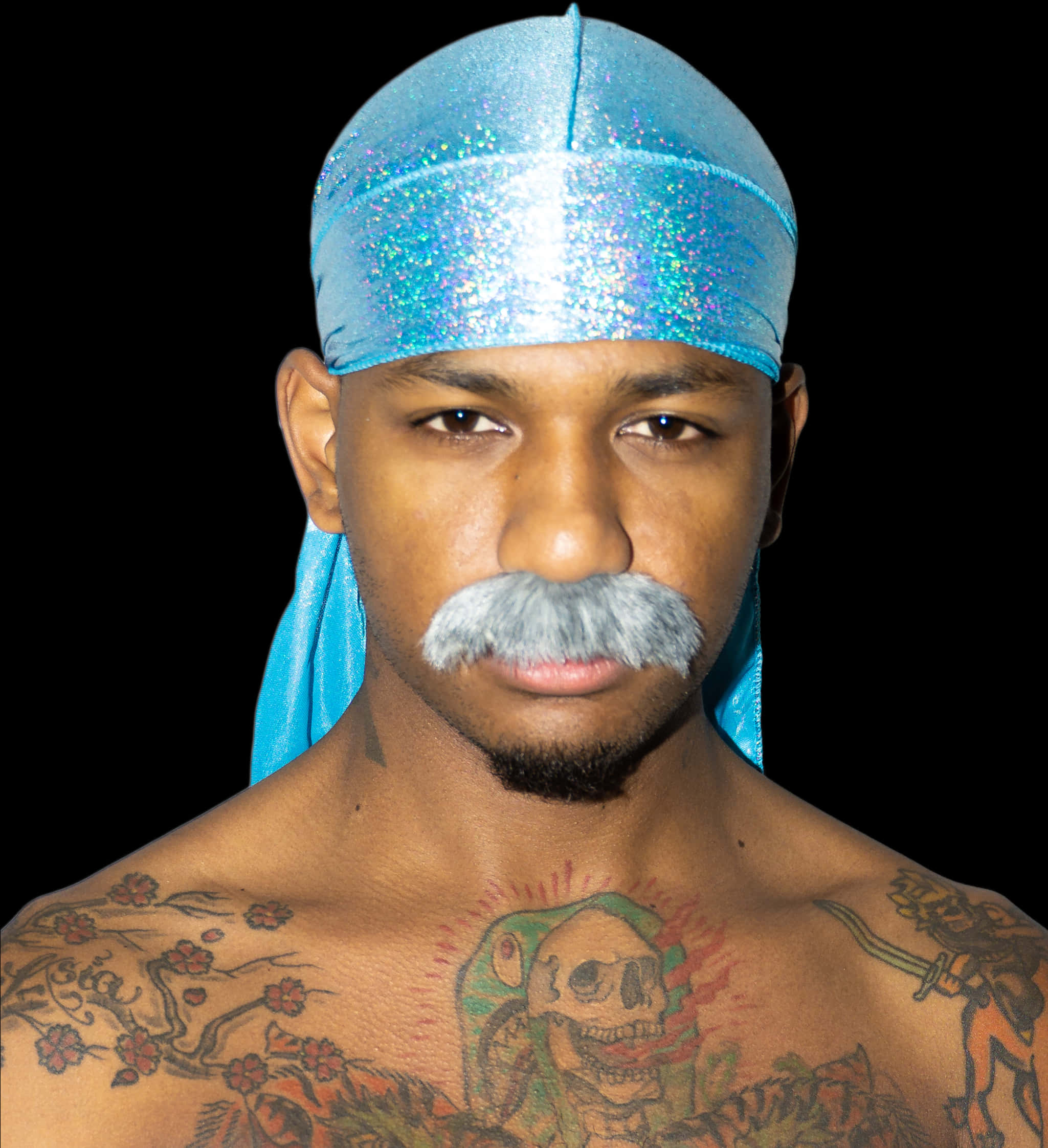 A Man With A Mustache And A Blue Head Scarf