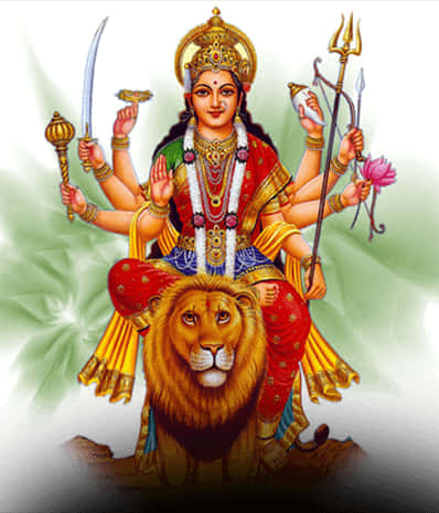 A Painting Of A Goddess Sitting On A Lion