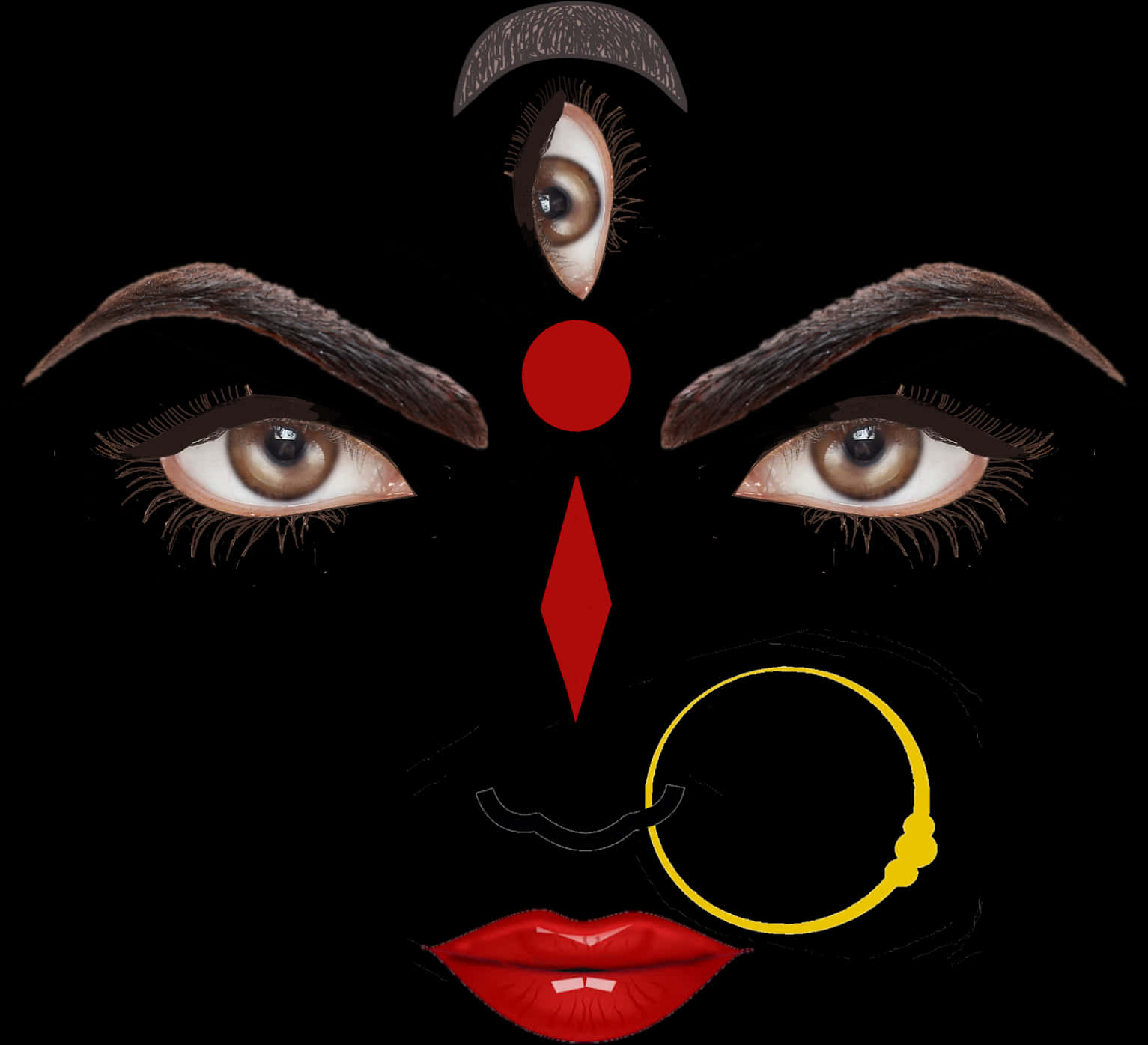 A Woman's Face With A Red Nose Ring And A Gold Earring