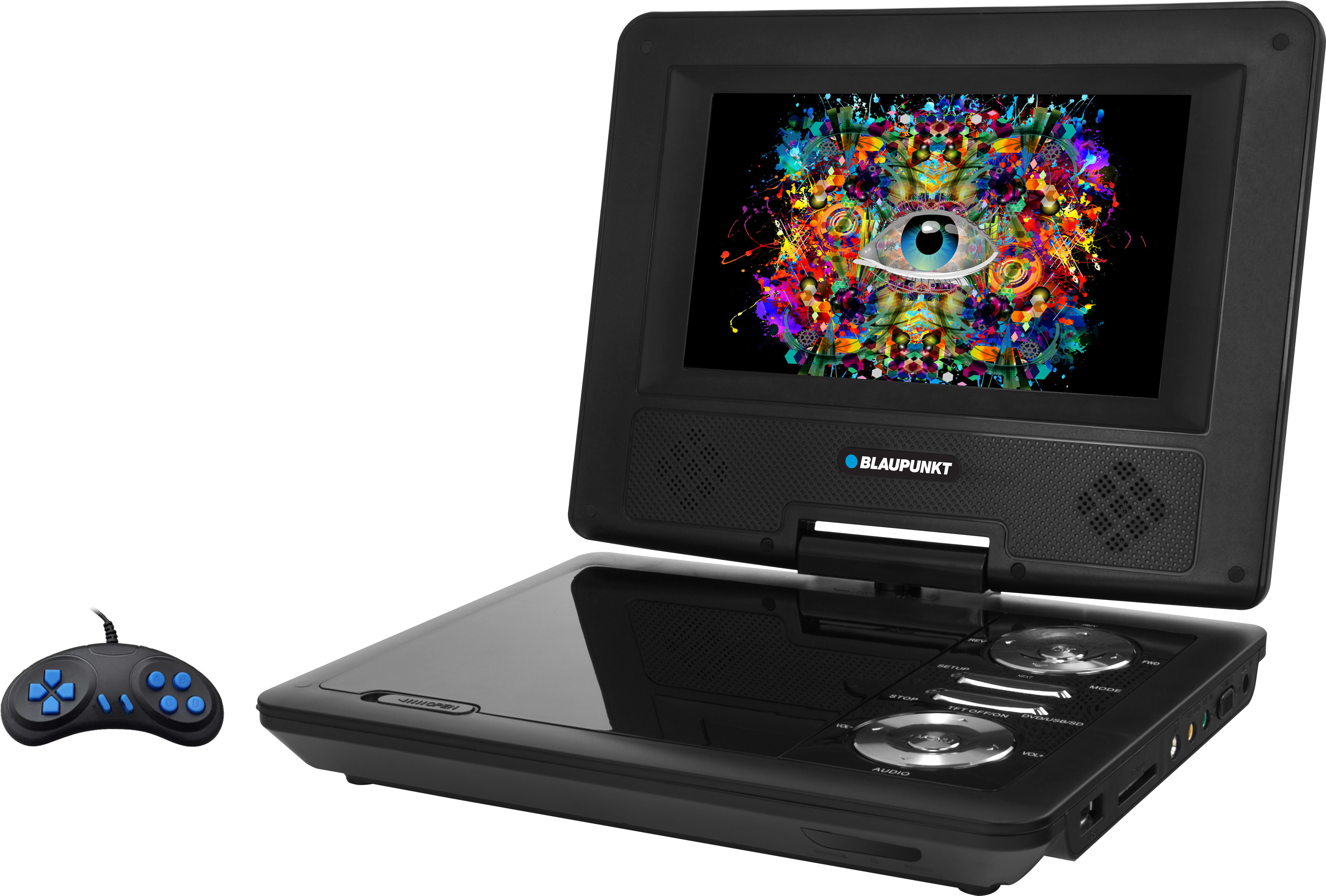 A Black Portable Dvd Player With A Colorful Eye On The Screen