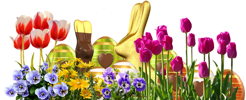 A Group Of Flowers And Chocolate Bunnies