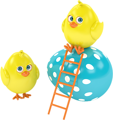 Two Yellow Chicks Standing On A Blue And White Polka Dot Egg