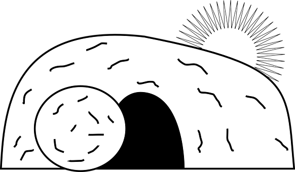 A Black And White Drawing Of A Tunnel With A Sun And A Black Background