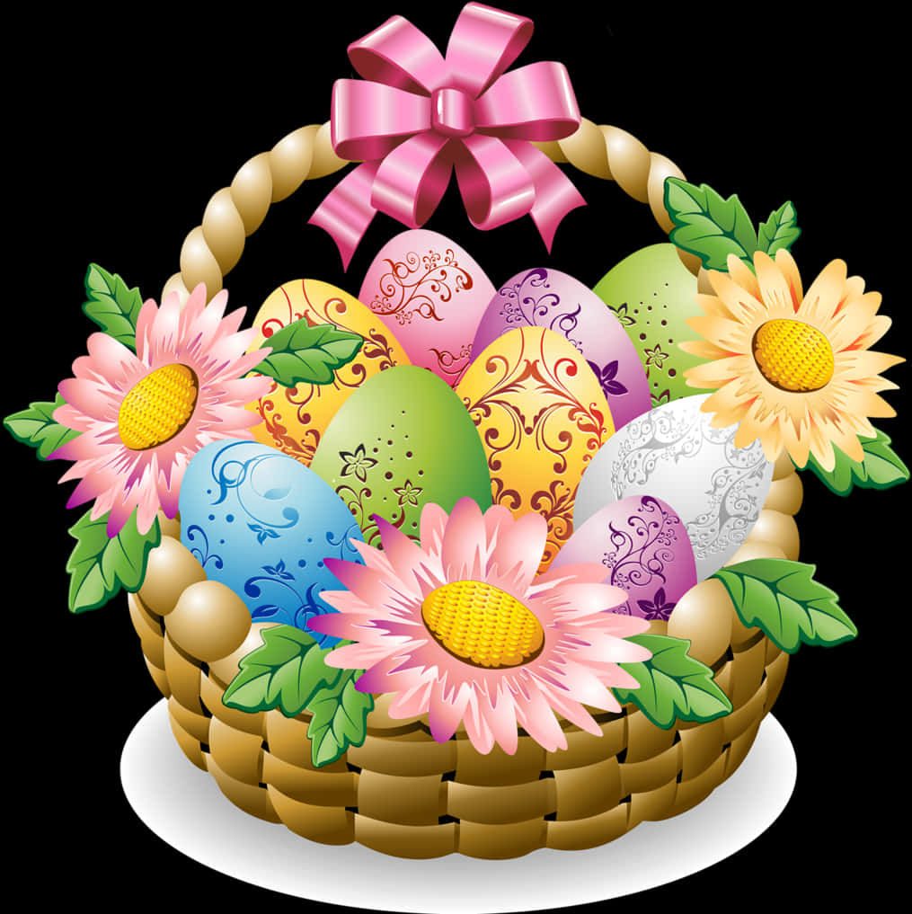 A Basket Full Of Colorful Eggs And Flowers