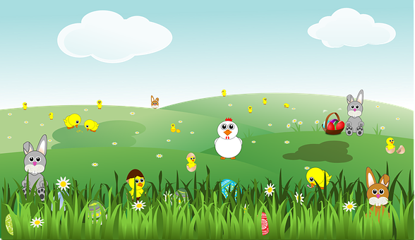 A Cartoon Of Chickens And Eggs In A Grassy Field