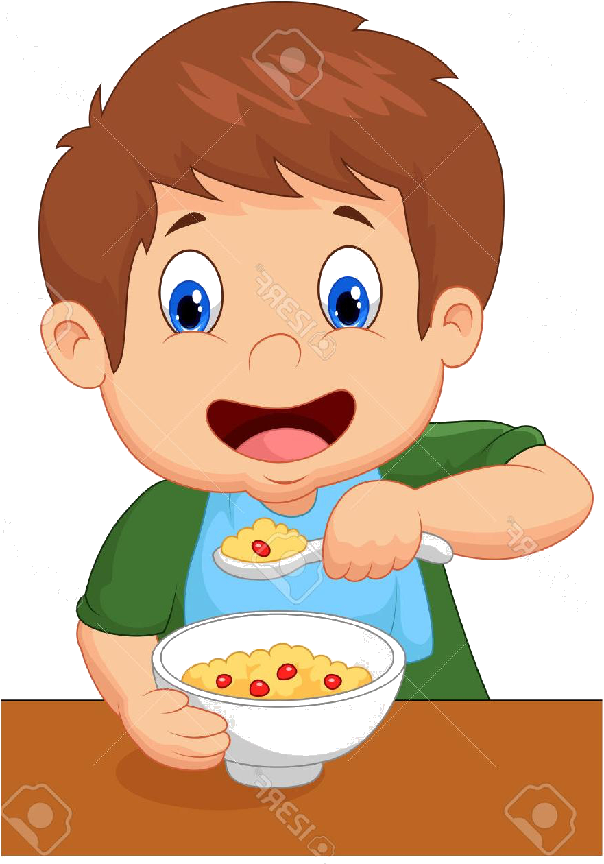 A Cartoon Of A Boy Eating Cereal