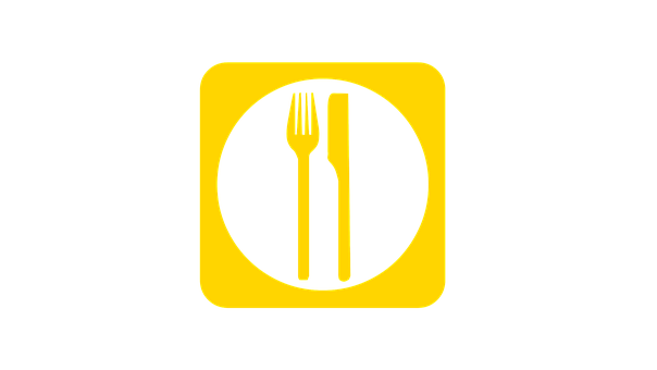 A Yellow Sign With A Fork And Knife In A Black Circle