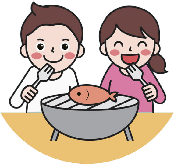 A Cartoon Of A Boy And Girl Eating A Fish On A Grill