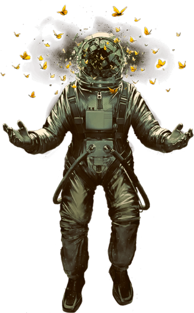 A Person In A Space Suit With Butterflies Around Their Head
