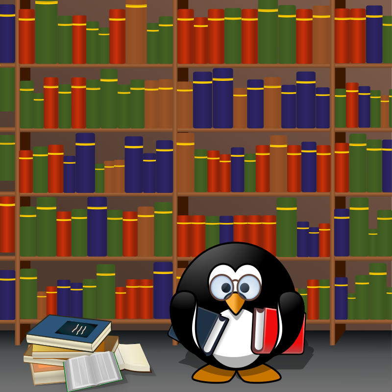 A Penguin Reading A Book In A Library