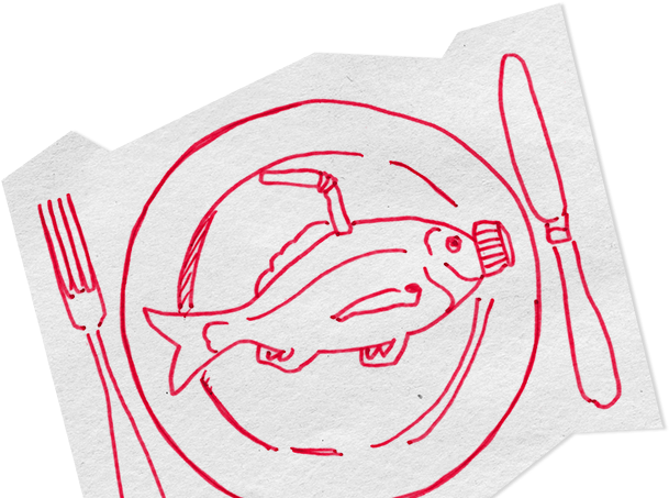 A Drawing Of A Fish On A Plate With A Fork And Knife