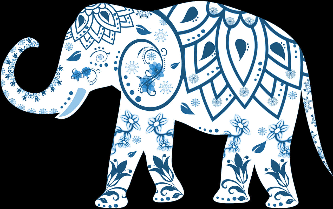 A Blue And White Elephant With Flowers