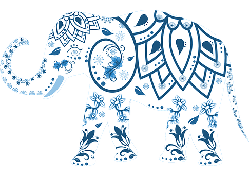 A Blue And White Elephant With Flowers
