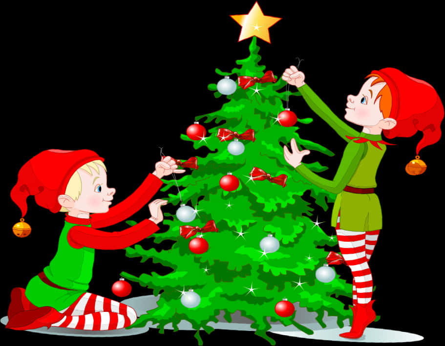 A Cartoon Of Two Elfs Decorating A Christmas Tree
