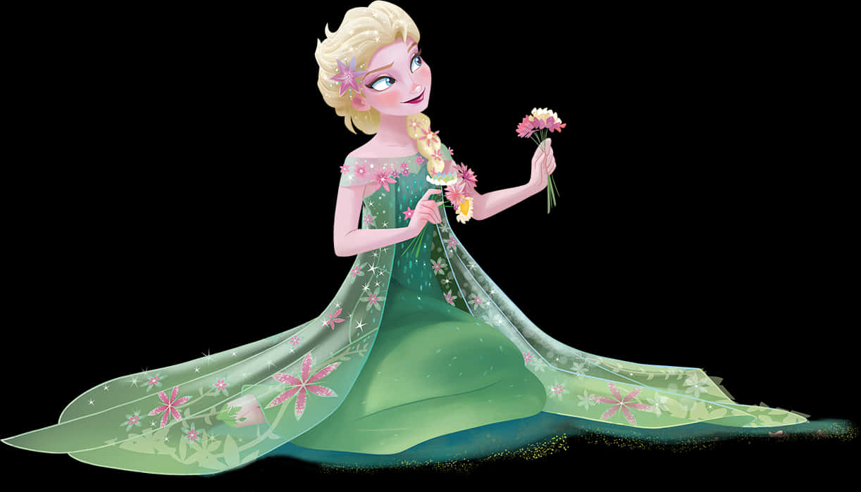 A Cartoon Of A Woman In A Green Dress Holding Flowers