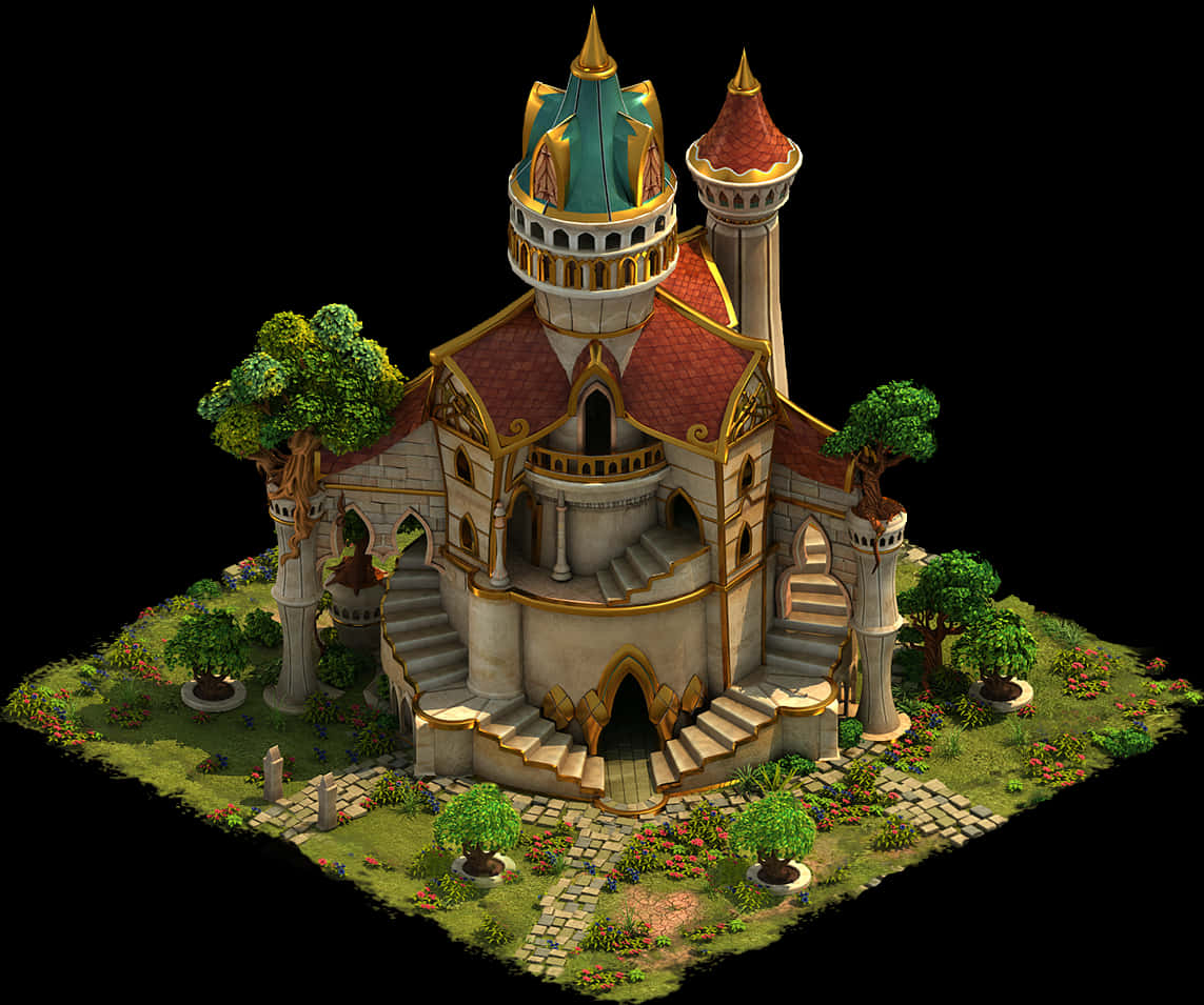 A Cartoon Castle With Trees And Grass