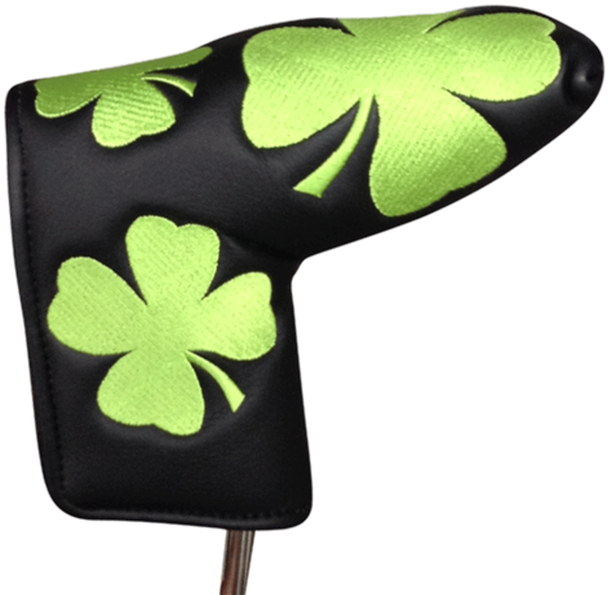 A Black And Green Golf Club Putter With Clovers