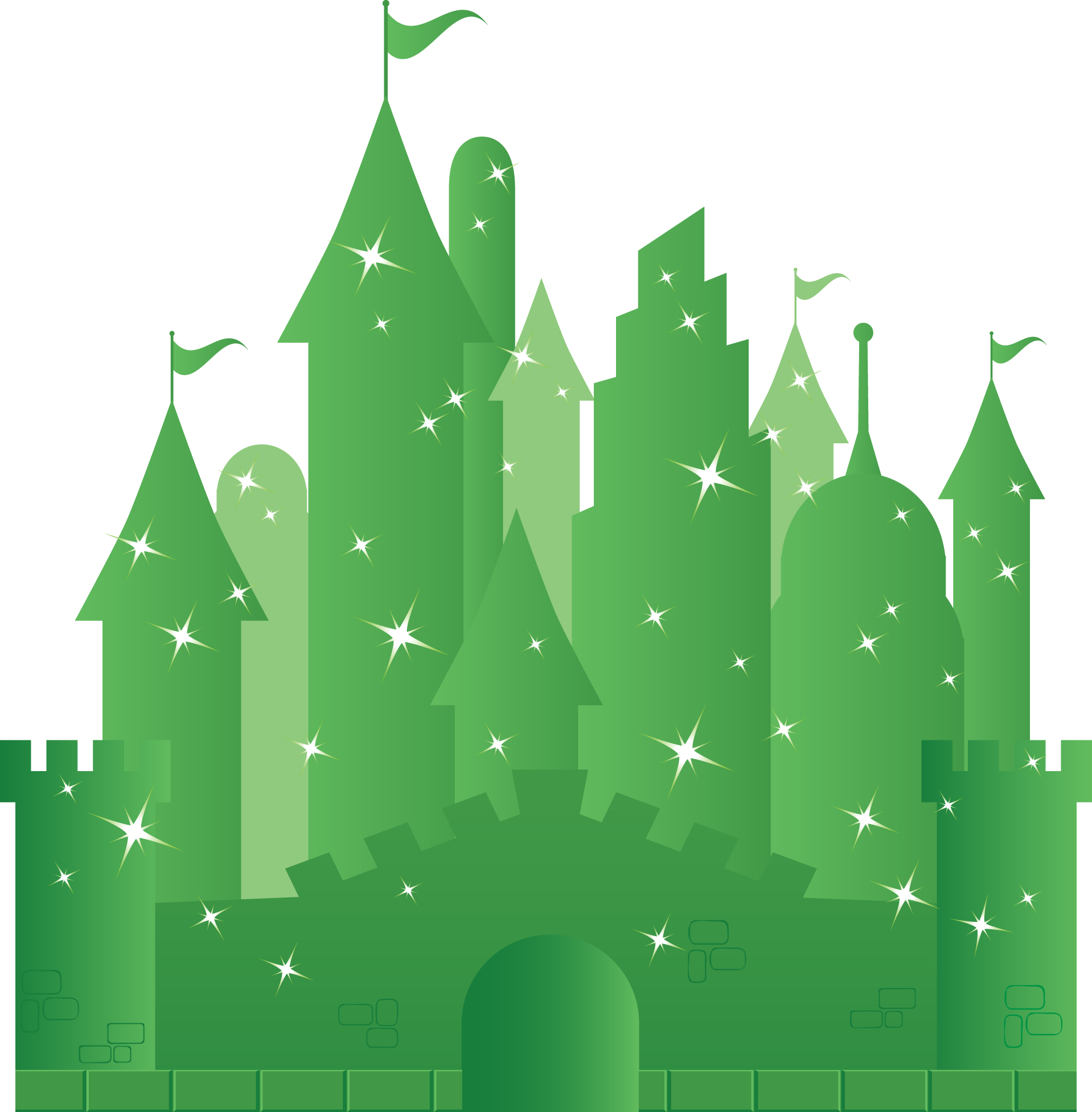 A Green Castle With Many Towers And Flags