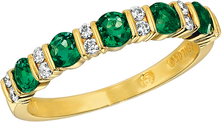A Gold Ring With Green Stones And Diamonds