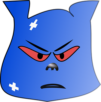 A Blue Cartoon Face With Red Eyes And A Black Background
