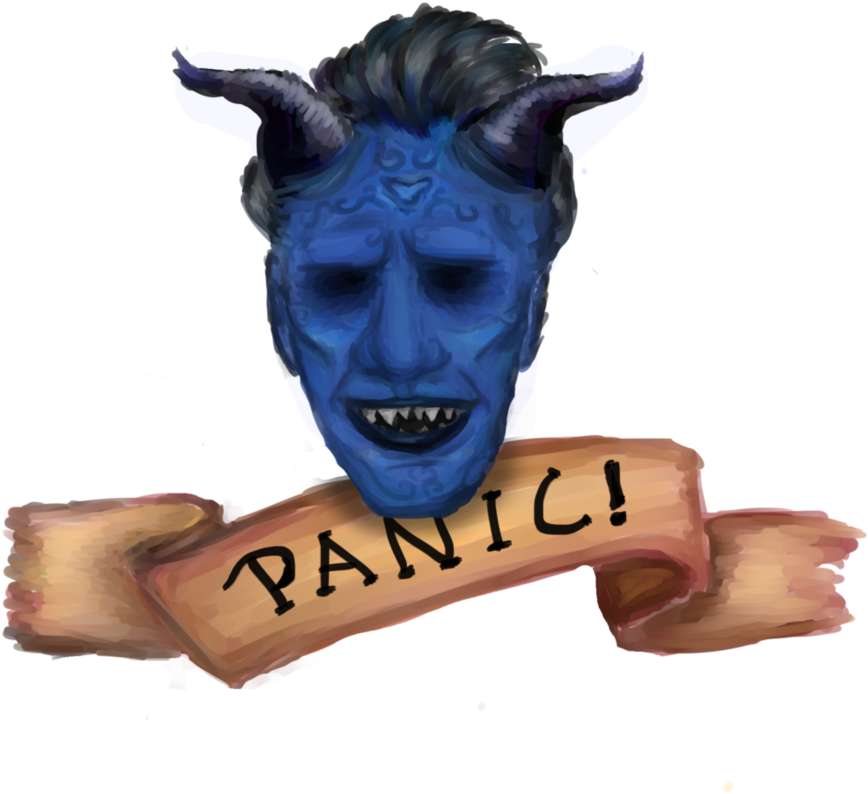 A Blue Demon Face With Horns And A Banner