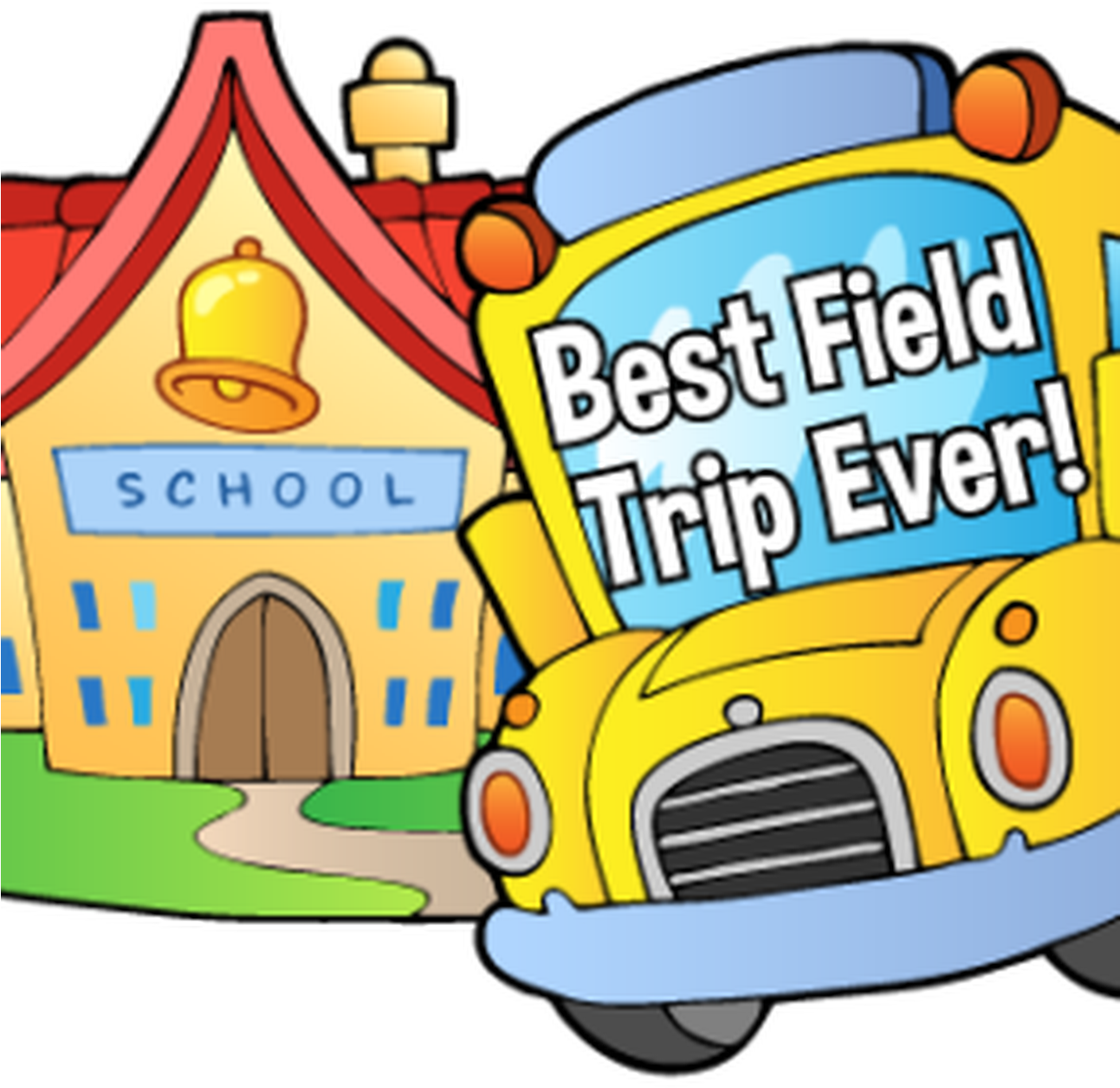 A Cartoon School Bus And Building