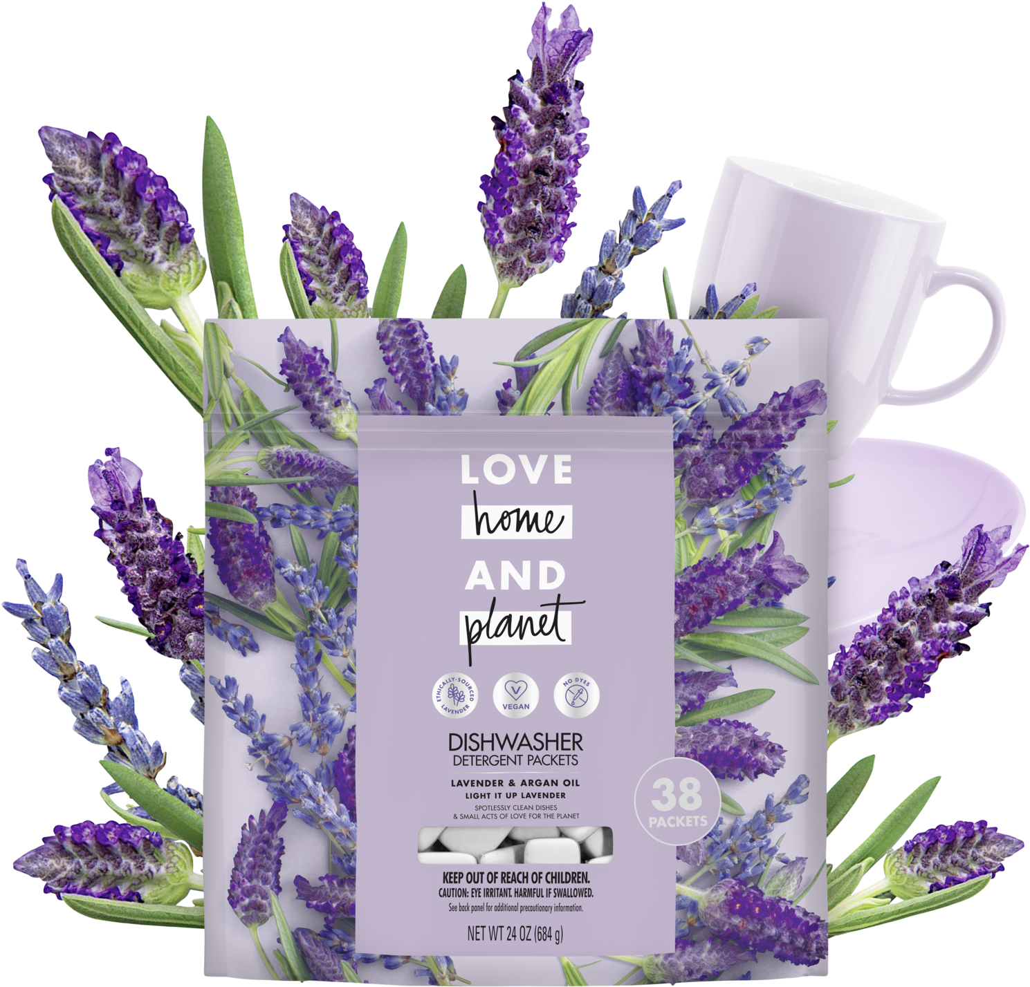 A Dishwasher Detergent Packet With Purple Flowers