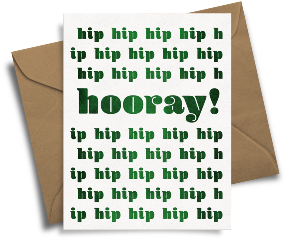 A White Card With Green Letters On It And A Brown Envelope