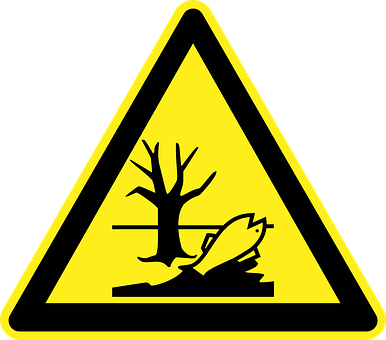 A Yellow Triangle Sign With A Fish And A Tree