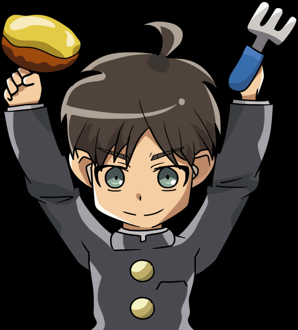 A Cartoon Of A Boy Holding Up A Fork And A Donut