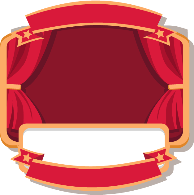A Red And Gold Frame With A Banner And Red Curtains