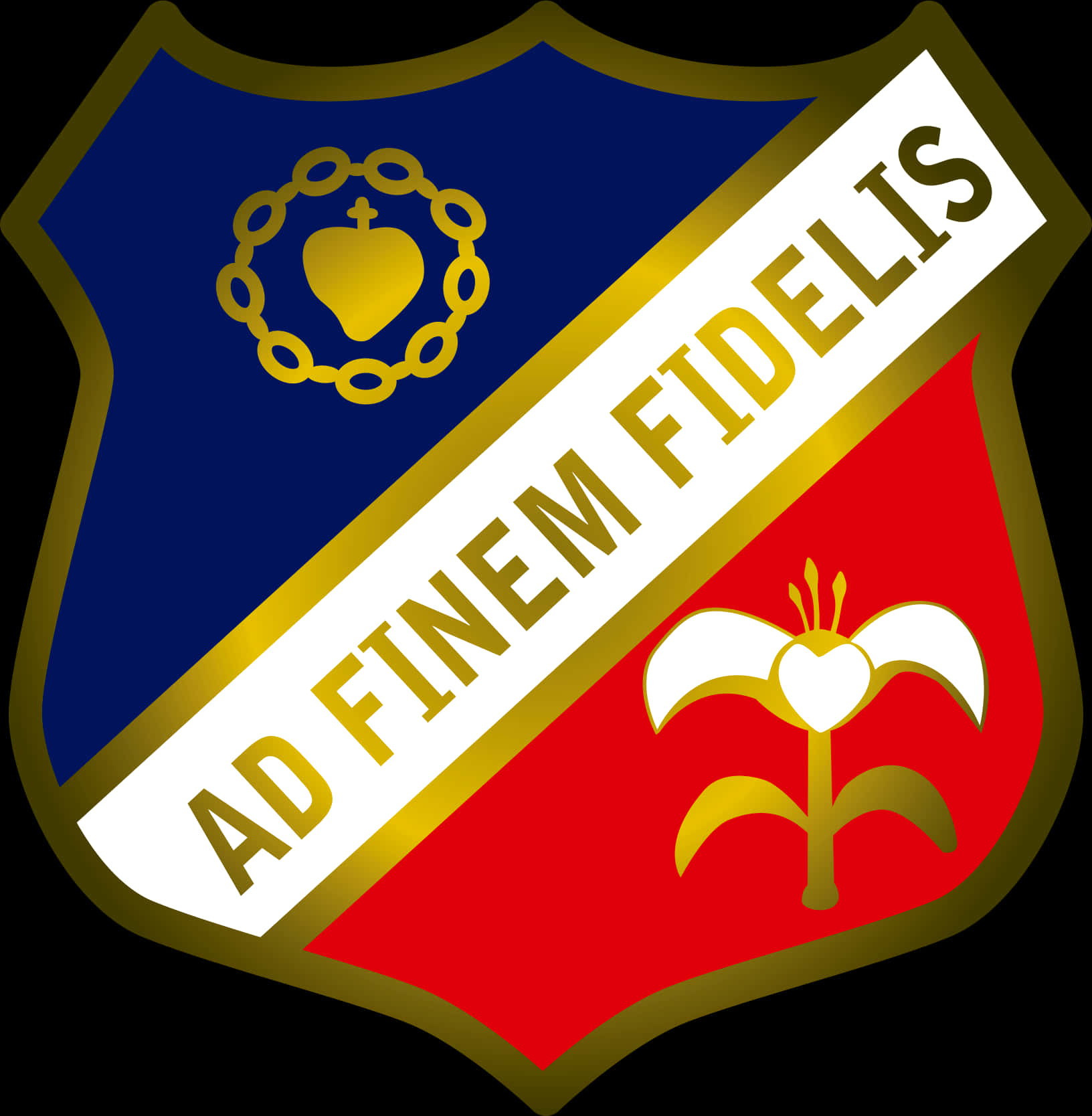A Blue And Red Shield With White Text