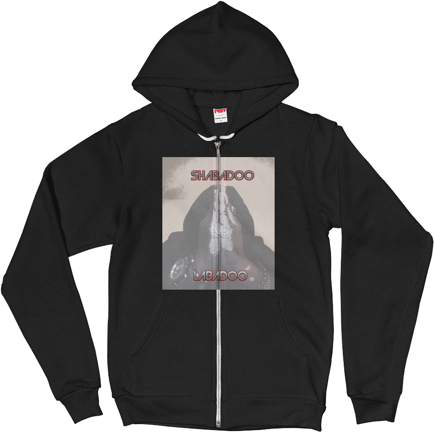 A Black Zip Up Hoodie With A Picture Of A Man