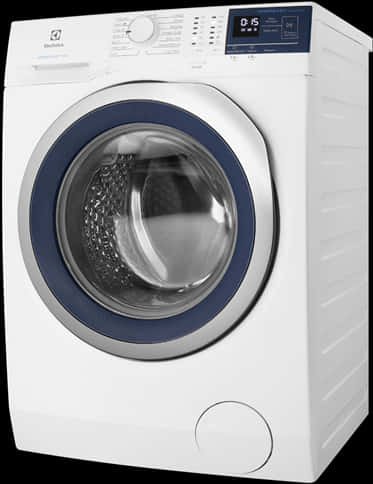 A White Washing Machine With Blue Trim