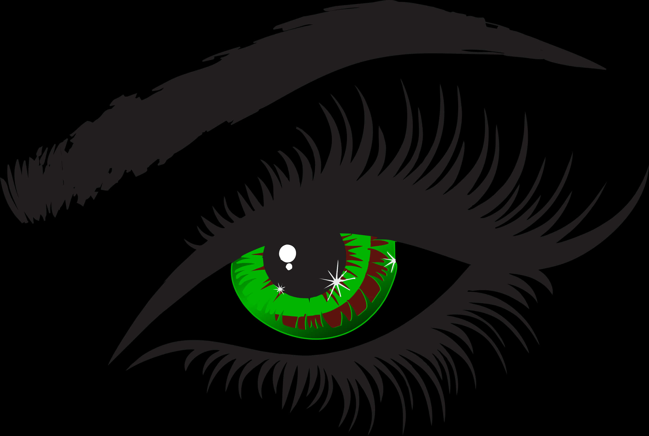 A Green Eye With Long Eyelashes And A Black Background
